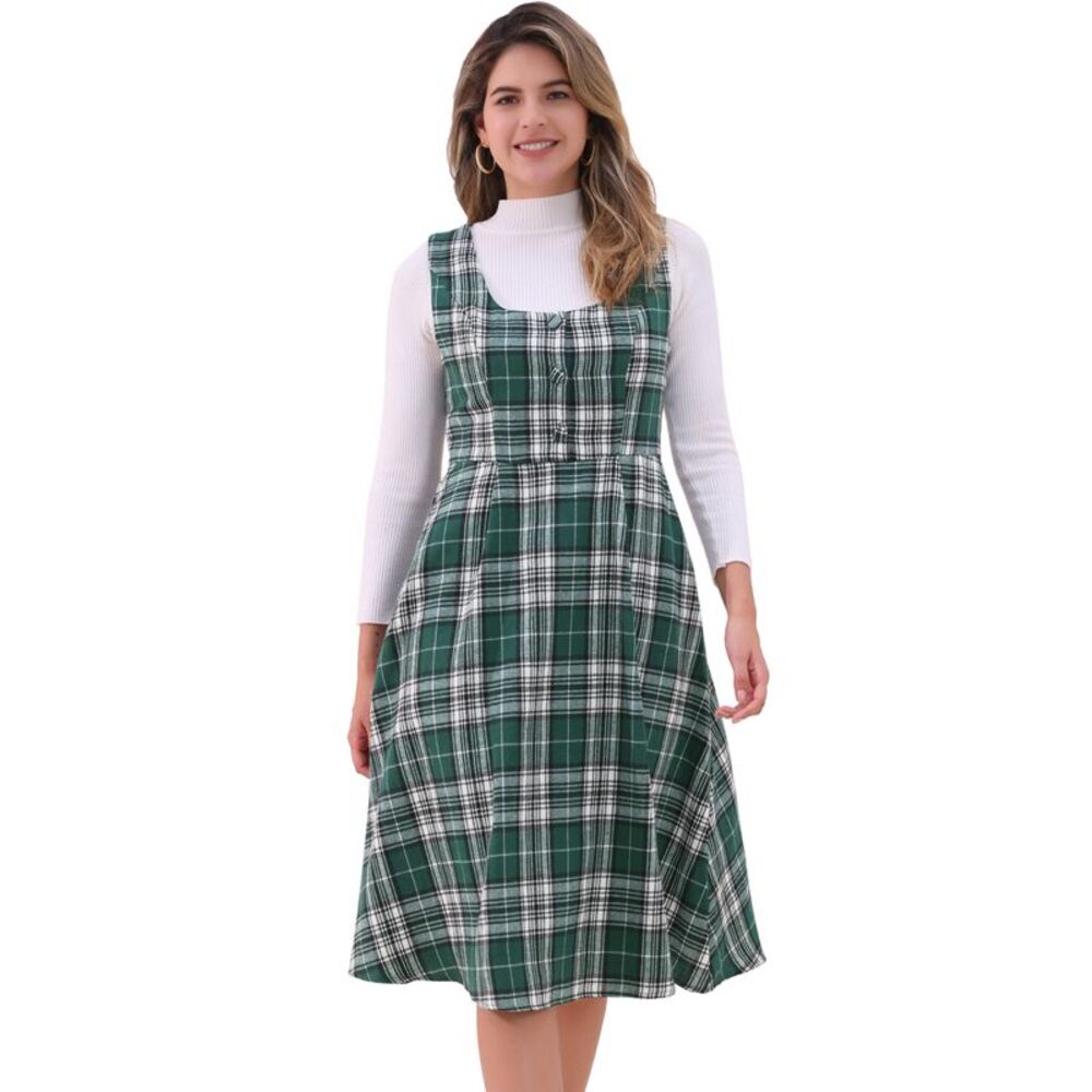 Plaid Overall Vintage A-Line Midi Pinafore Dress with Pockets Green
